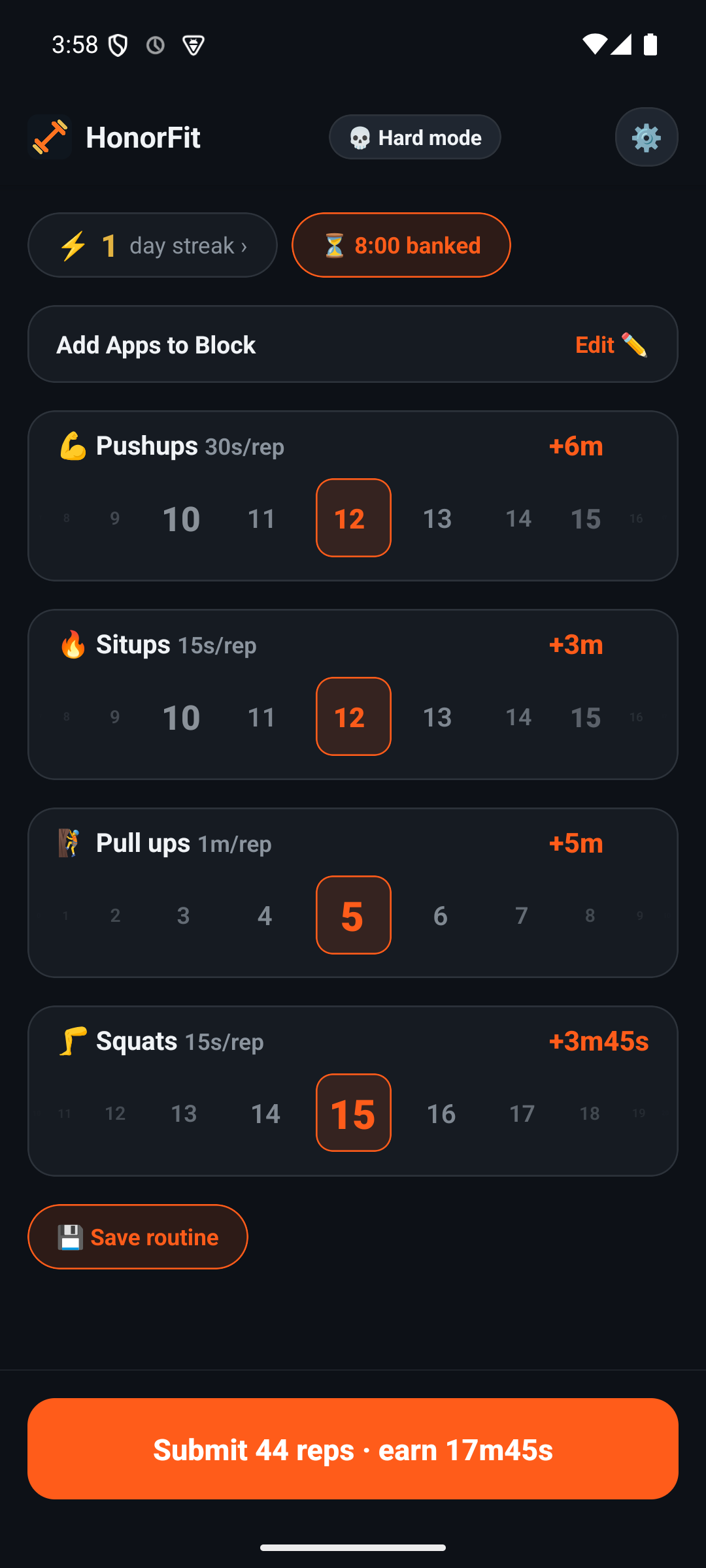 Rep wheels screen — log pushups, situps, pull ups, and squats