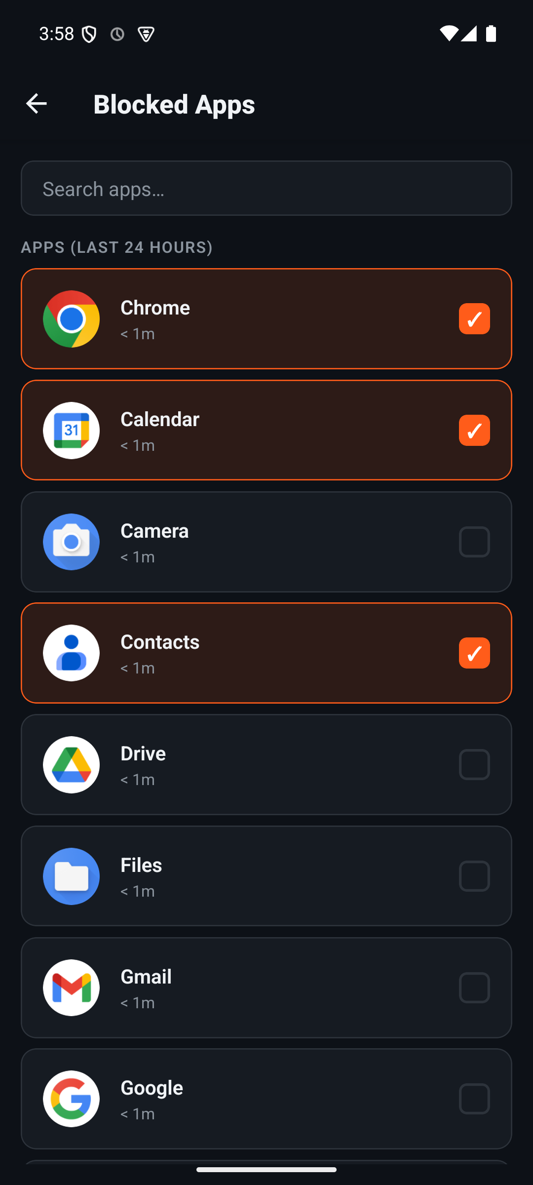Choosing which apps to block
