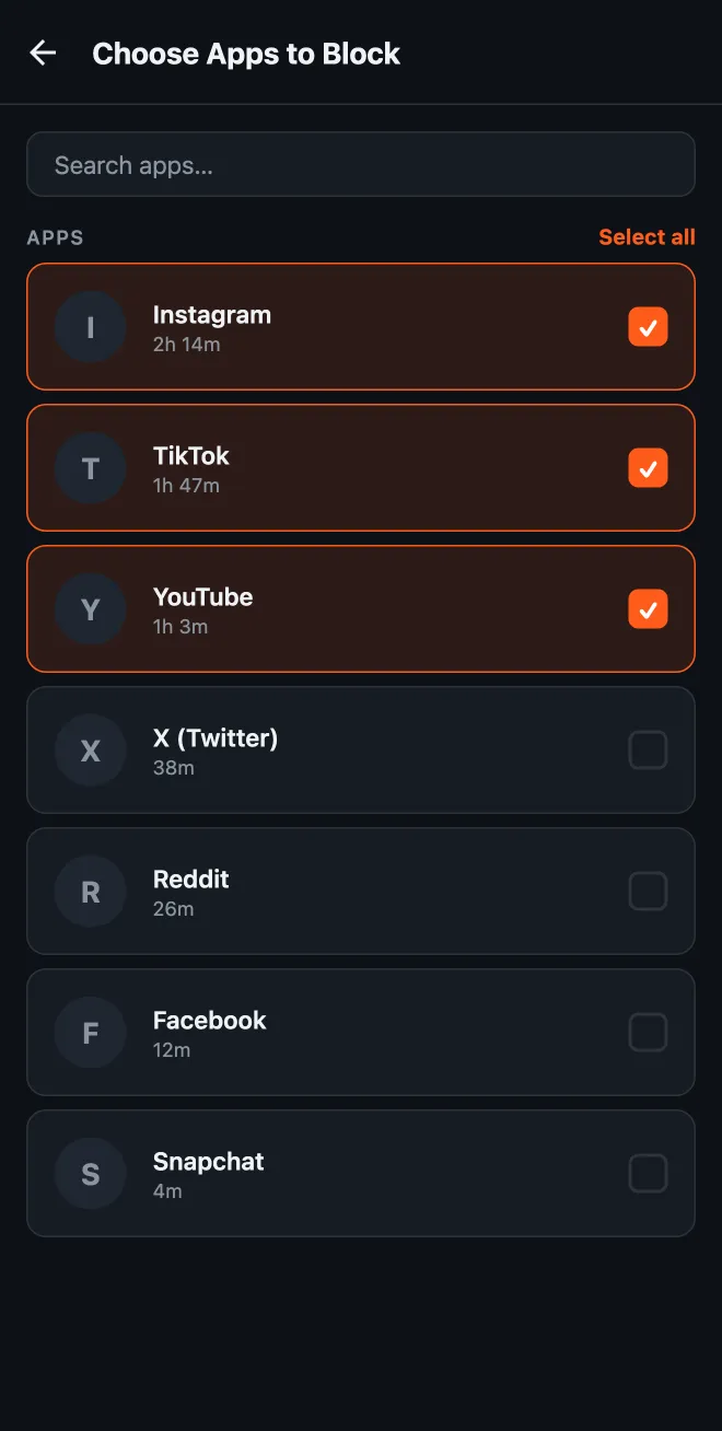 HonorFit's Android app picker: apps listed with time used in the last 24 hours, most-used first