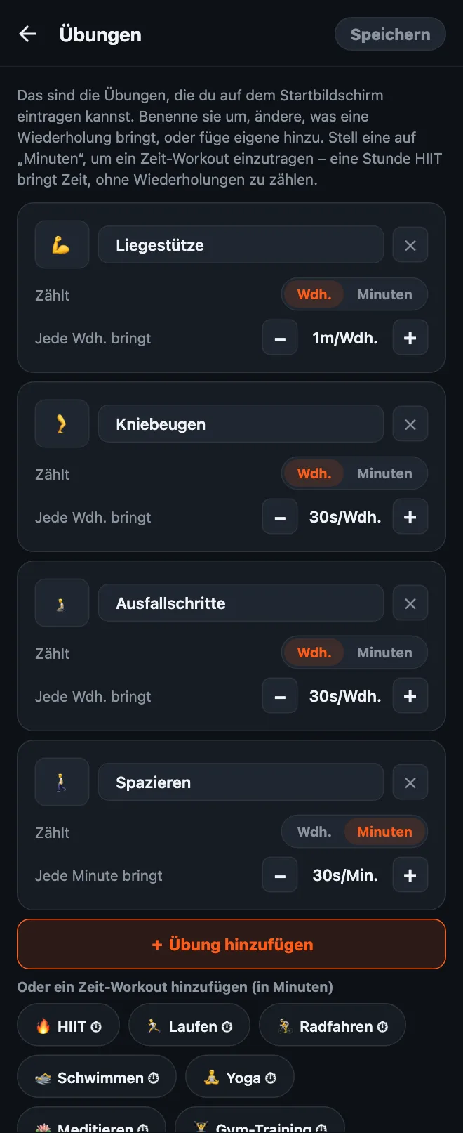 Der Übungseditor von HonorFit: Karten für Liegestütze, Kniebeugen, Ausfallschritte und Spazieren, jeweils mit Name, Emoji, einem Schalter Wdh. oder Minuten und einem Wert pro Wiederholung oder pro Minute, darunter ein Button Übung hinzufügen und Vorschläge für Zeit-Workouts