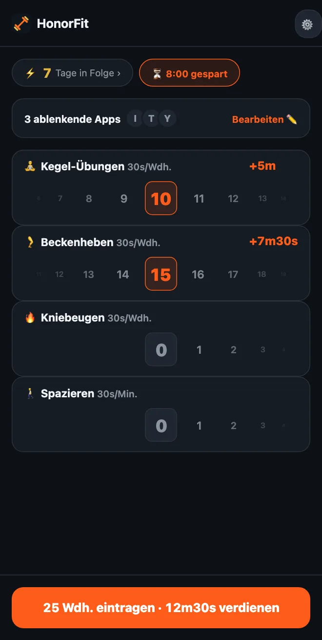 Startbildschirm von HonorFit mit den Rädern Kegel-Übungen auf 10 und Beckenheben auf 15 und einem Button mit der Aufschrift 25 Wdh. eintragen · 12m30s verdienen