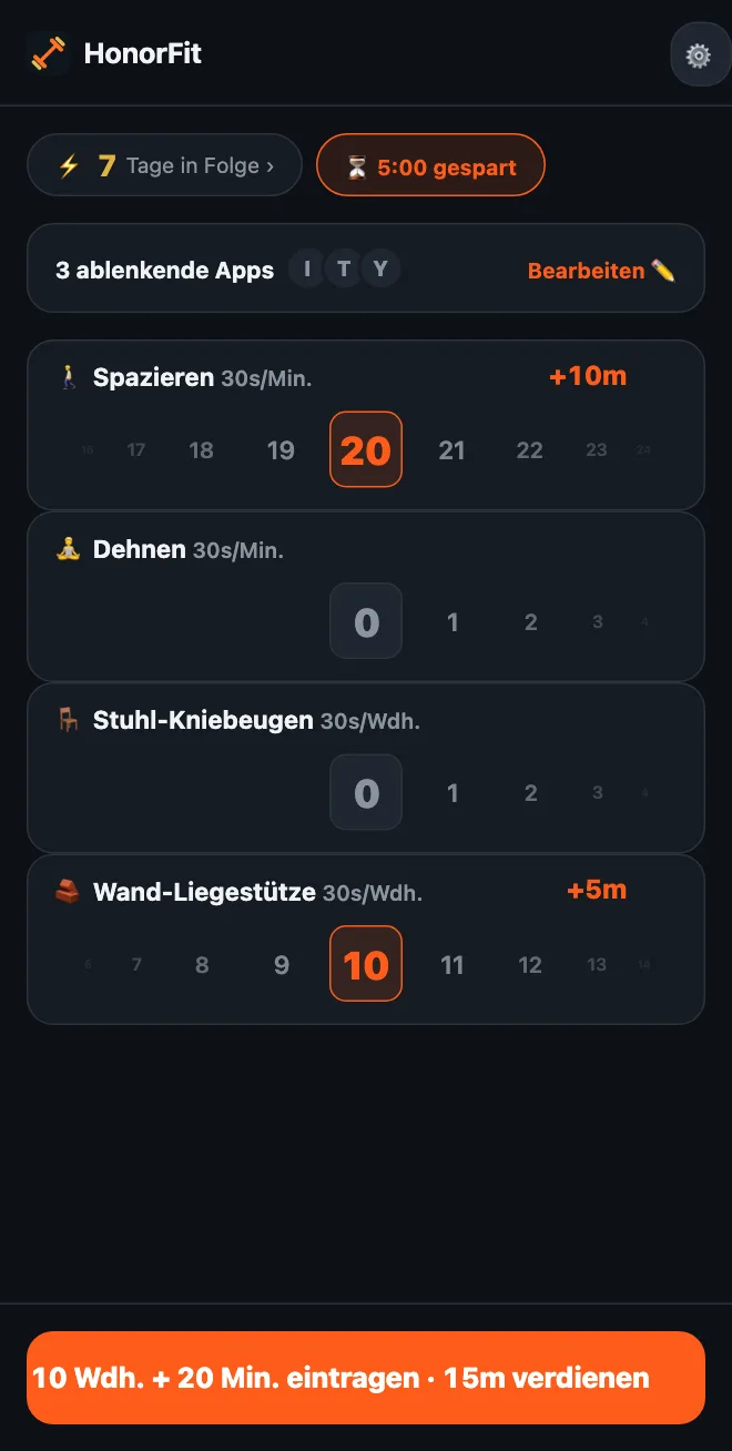 Startbildschirm von HonorFit mit den Rädern Spazieren und Dehnen in Minuten sowie Stuhl-Kniebeugen und Wand-Liegestütze in Wiederholungen; 20 Minuten Spazieren und 10 Wand-Liegestütze ergeben 10 Wdh. + 20 Min. eintragen · 15m verdienen
