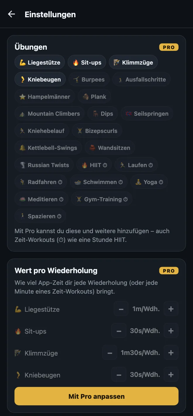 HonorFit-Einstellungen in der kostenlosen Version: die vier Standardübungen, gesperrte Vorschläge wie Burpees, Ausfallschritte, Plank und Zeit-Workouts wie HIIT, Yoga und Spazieren, und gesperrte Werte pro Wiederholung