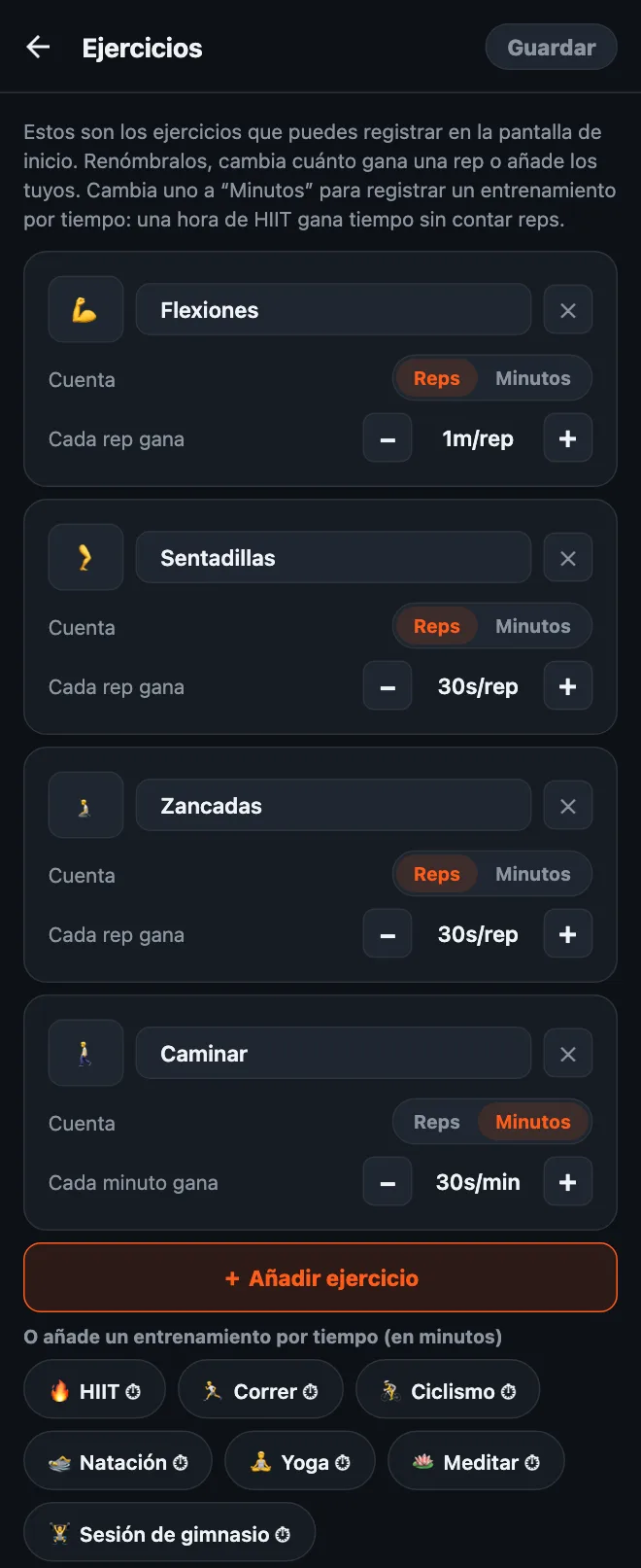 Editor de ejercicios de HonorFit: tarjetas de Flexiones, Sentadillas, Zancadas y Caminar, cada una con nombre, emoji, un interruptor Reps o Minutos y un valor por rep o por minuto; debajo, el botón Añadir ejercicio y sugerencias de entrenamientos por tiempo