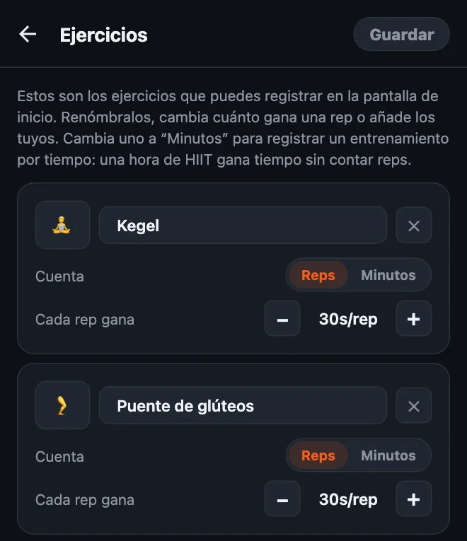 Editor de ejercicios de HonorFit con Kegel y Puente de glúteos añadidos, los dos en Reps y con Cada rep gana 30s