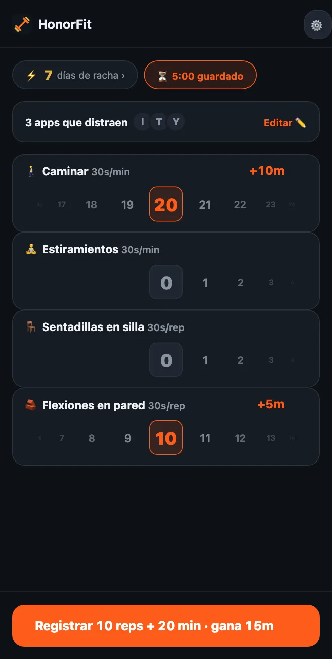 Pantalla principal de HonorFit con ruedas de Caminar y Estiramientos en minutos y de Sentadillas en silla y Flexiones en pared en reps; una caminata de 20 minutos y 10 flexiones en pared suman Registrar 10 reps + 20 min · gana 15m