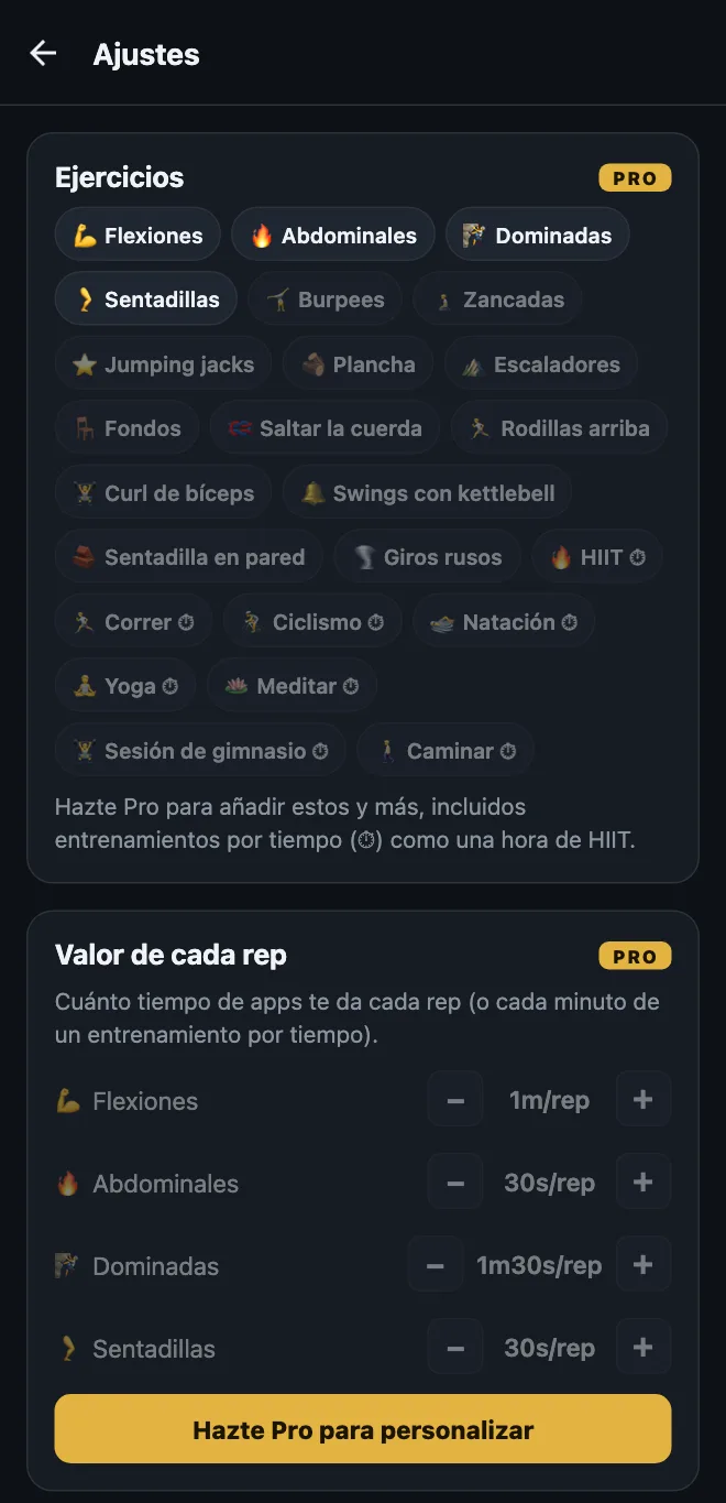 Ajustes de HonorFit en la versión gratis: los cuatro ejercicios de serie, sugerencias bloqueadas como Burpees, Zancadas y Plancha, entrenamientos por tiempo como HIIT, Yoga y Caminar, y el Valor de cada rep bloqueado