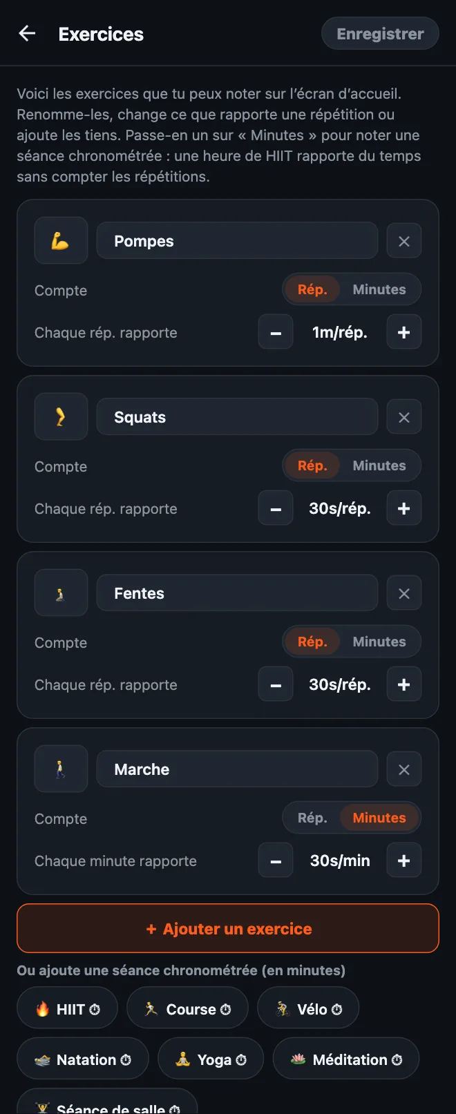 L’éditeur d’exercices d’HonorFit : des cartes pour Pompes, Squats, Fentes et Marche, chacune avec un nom, un emoji, un interrupteur Rép. ou Minutes et une valeur par répétition ou par minute, puis un bouton Ajouter un exercice et des suggestions de séances chronométrées