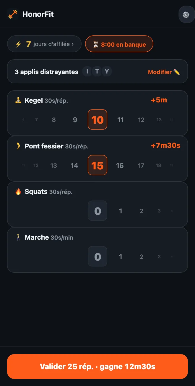 L’écran d’accueil d’HonorFit avec les roues Kegel sur 10 et Pont fessier sur 15, et un bouton Valider 25 rép. · gagne 12m30s