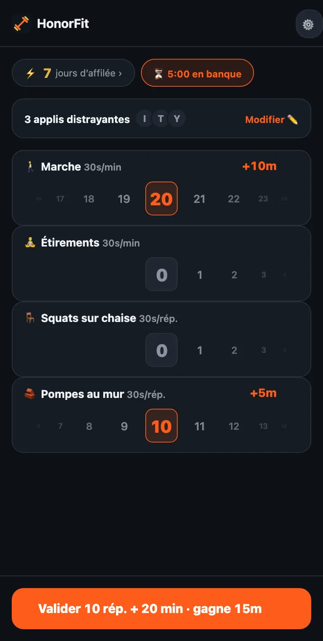 L’écran d’accueil d’HonorFit avec des roues Marche et Étirements en minutes, et Squats sur chaise et Pompes au mur en répétitions ; 20 minutes de marche et 10 pompes au mur donnent Valider 10 rép. + 20 min · gagne 15m