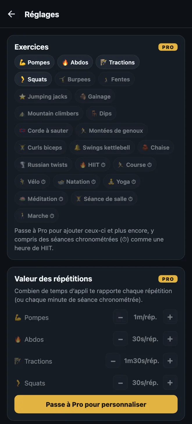 Les Réglages d’HonorFit en version gratuite : les quatre exercices intégrés, des suggestions verrouillées comme Burpees, Fentes, Gainage et des séances chronométrées comme HIIT, Yoga et Marche, et la valeur des répétitions verrouillée
