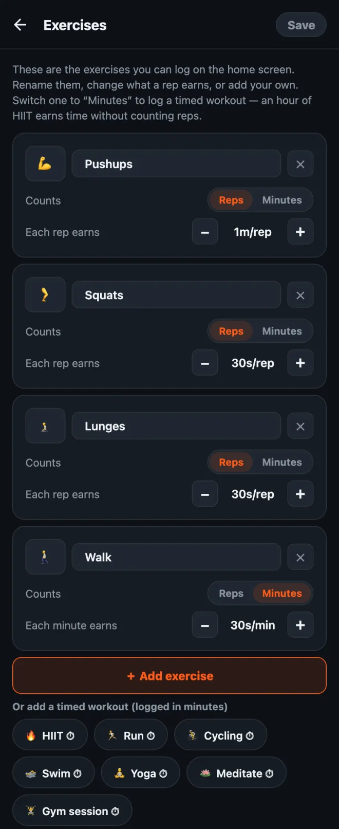 HonorFit exercise editor: cards for Pushups, Squats, Lunges and Walk, each with a name, an emoji, a Reps or Minutes switch and a value per rep or per minute, then an Add exercise button and timed workout suggestions
