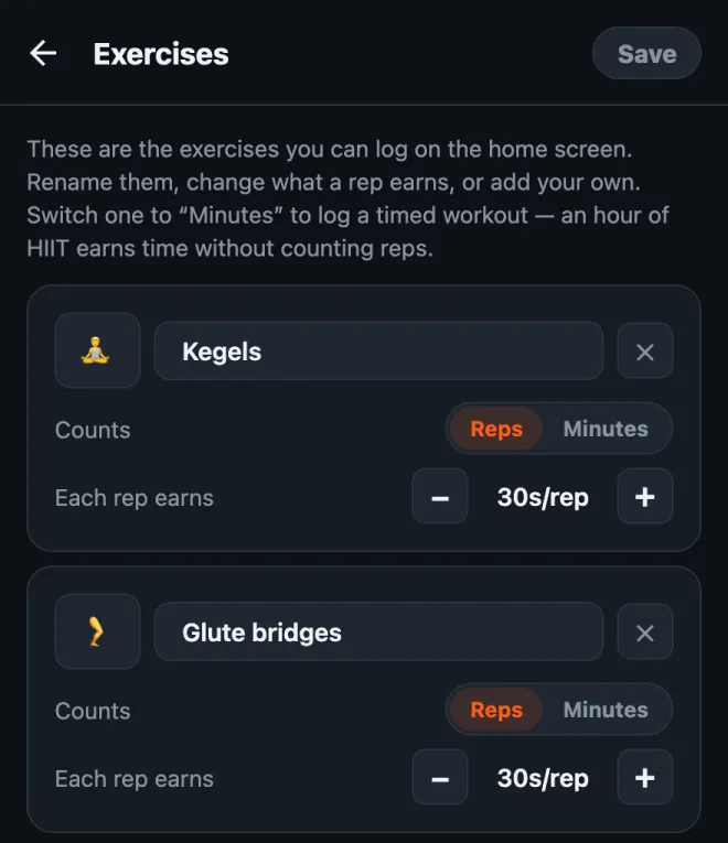 HonorFit exercise editor with Kegels and Glute bridges added, each set to Reps and worth 30 seconds per rep