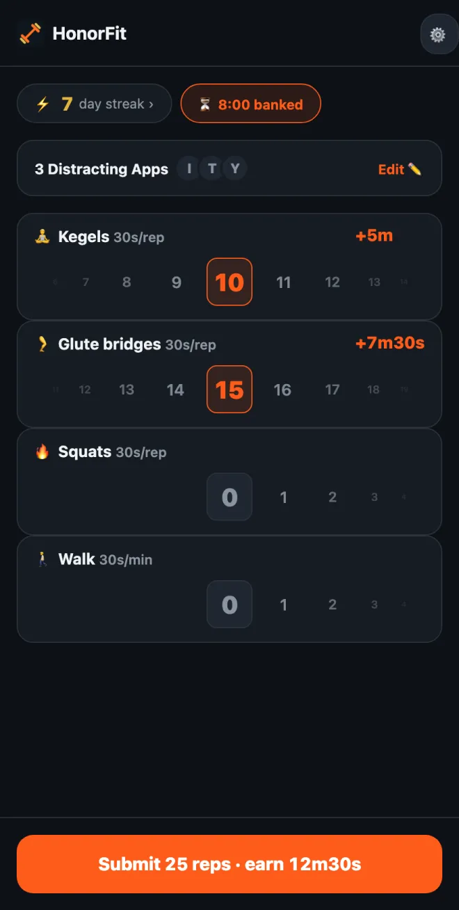 HonorFit home screen with rep wheels for Kegels set to 10 and Glute bridges set to 15, and a button reading Submit 25 reps, earn 12m30s