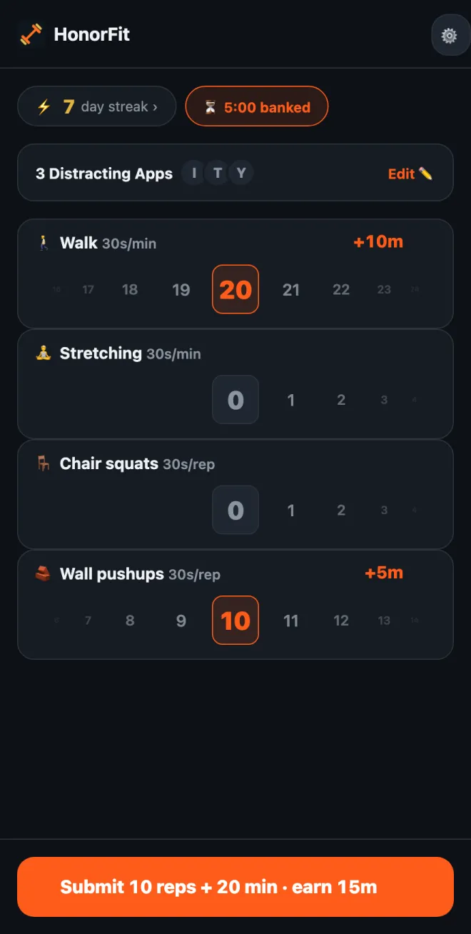 HonorFit home screen with wheels for Walk and Stretching in minutes and Chair squats and Wall pushups in reps; a 20-minute walk and 10 wall pushups add up to Submit 10 reps + 20 min, earn 15m