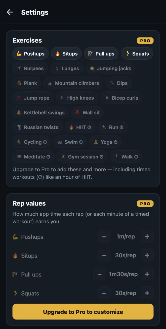 HonorFit Settings on the free version: the four built-in exercises, locked suggestions like Burpees, Lunges, Plank and timed workouts like HIIT, Yoga and Walk, and locked rep values