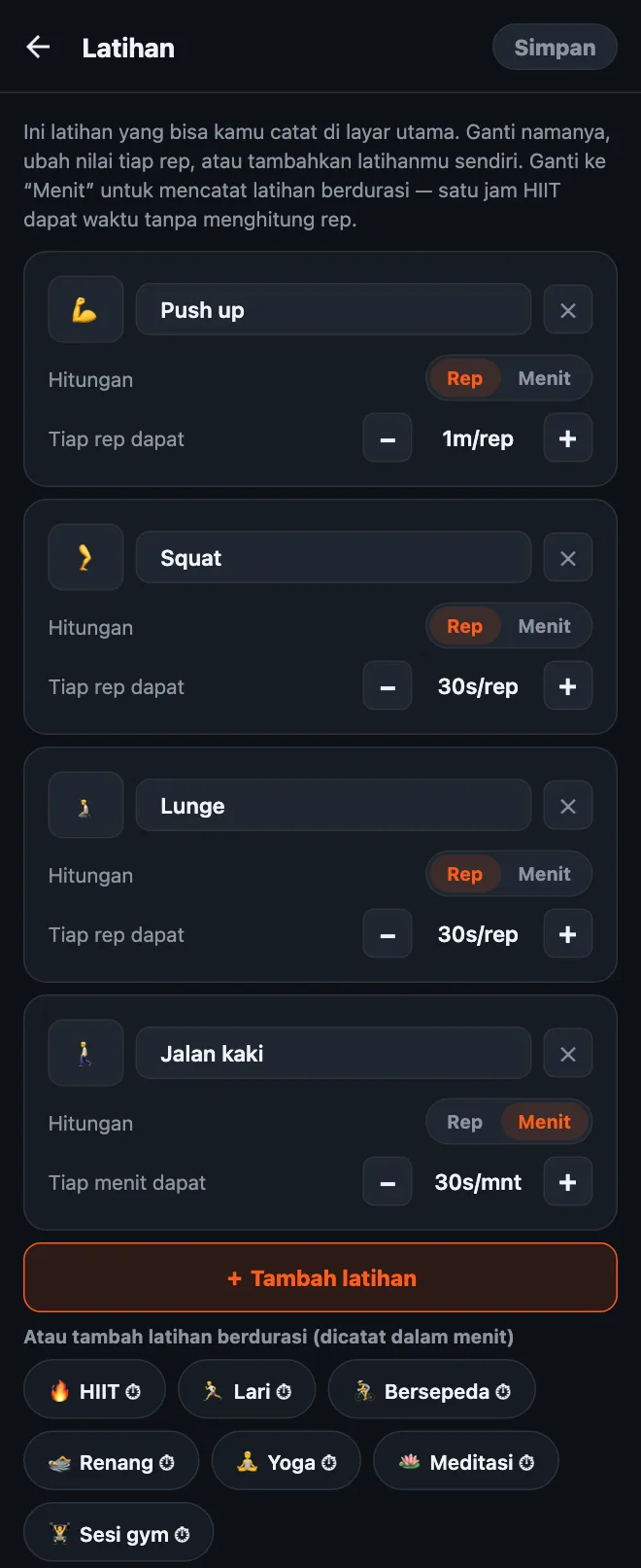 Editor latihan HonorFit: kartu Push up, Squat, Lunge, dan Jalan kaki, masing-masing dengan nama, emoji, pilihan Rep atau Menit, dan nilai per rep atau per menit, lalu tombol ＋ Tambah latihan dan saran latihan berdurasi