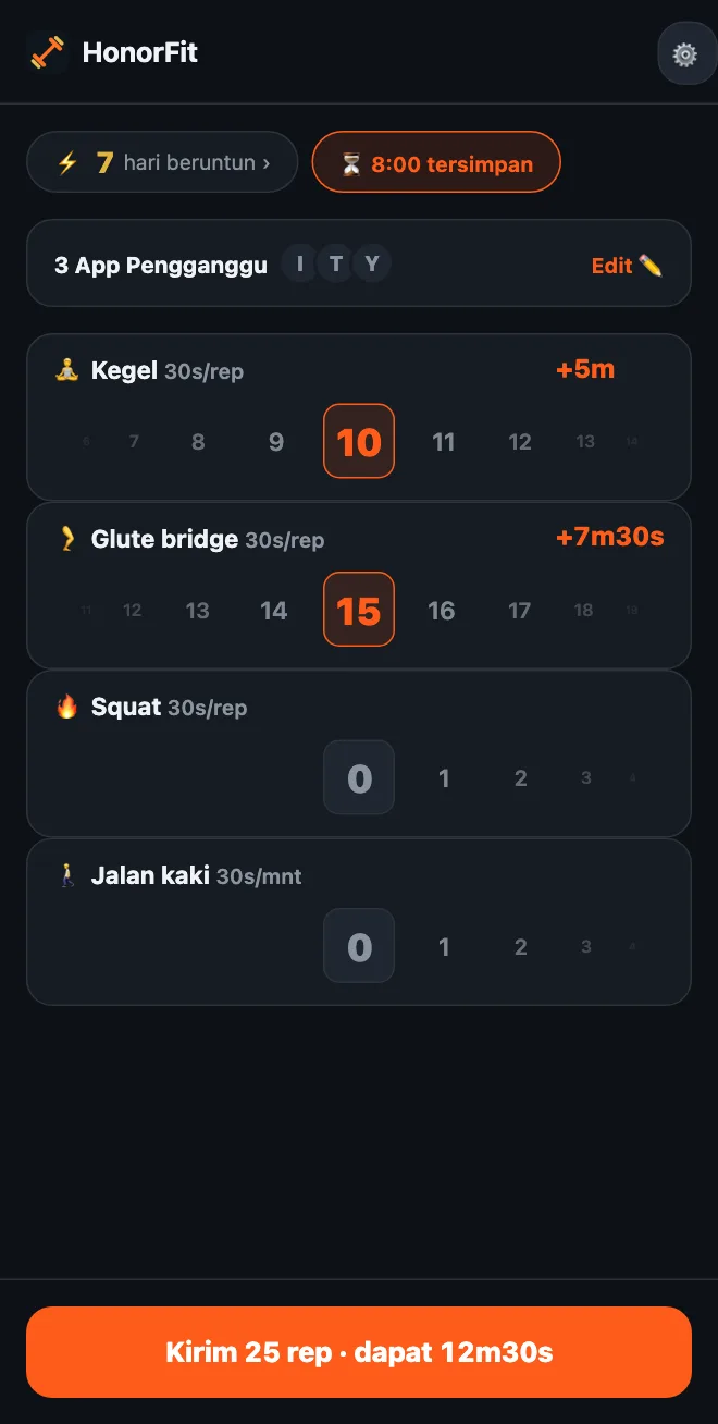 Layar utama HonorFit dengan roda rep Kegel di angka 10 dan Glute bridge di angka 15, serta tombol bertuliskan Kirim 25 rep · dapat 12m30s