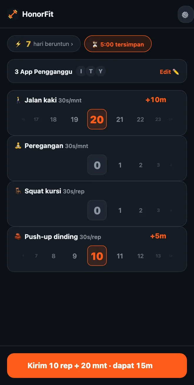 Layar utama HonorFit dengan roda Jalan kaki dan Peregangan dalam menit serta Squat kursi dan Push-up dinding dalam rep; jalan kaki 20 menit dan 10 push-up dinding menghasilkan tombol Kirim 10 rep + 20 mnt · dapat 15m