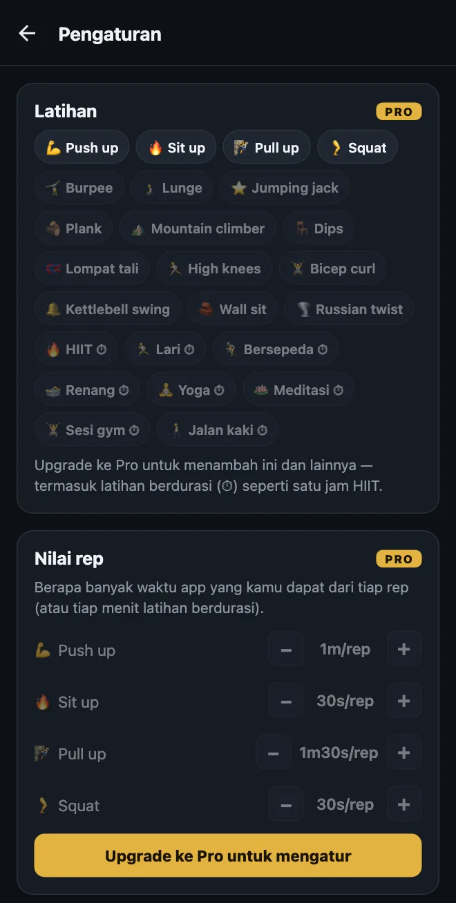 Pengaturan HonorFit di versi gratis: empat latihan bawaan, saran yang terkunci seperti Burpee, Lunge, dan Plank, latihan berdurasi seperti HIIT, Yoga, dan Jalan kaki, serta Nilai rep yang terkunci