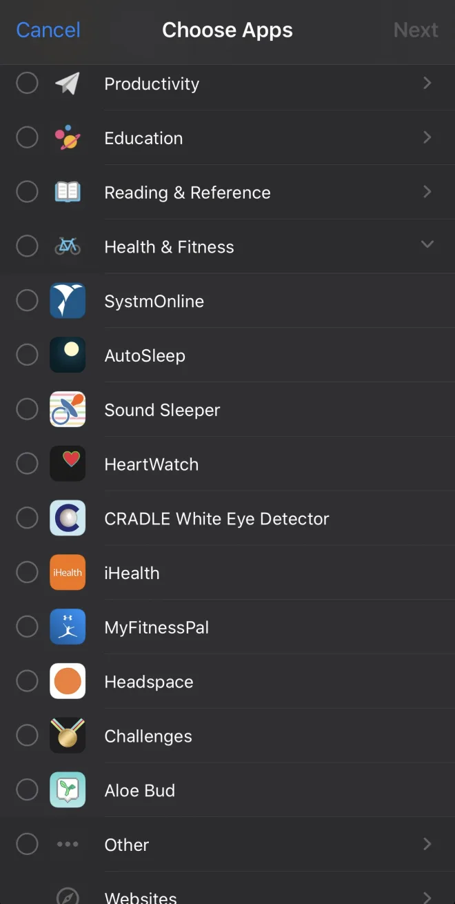 The iOS Screen Time app picker: a list of app categories, with Health & Fitness expanded to show its apps