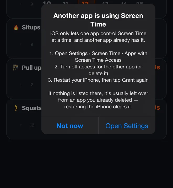 HonorFit alert on iPhone: Another app is using Screen Time. iOS only lets one app control Screen Time at a time, with steps to turn off the other app in Settings