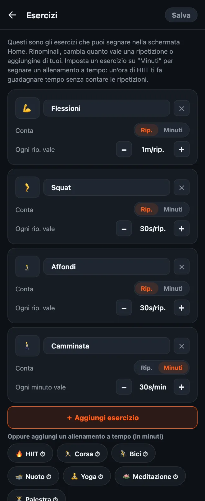 Editor degli esercizi di HonorFit: schede per Flessioni, Squat, Affondi e Camminata, ognuna con nome, emoji, un selettore Rip. o Minuti e un valore per ripetizione o per minuto; sotto, il pulsante Aggiungi esercizio e i suggerimenti di allenamenti a tempo