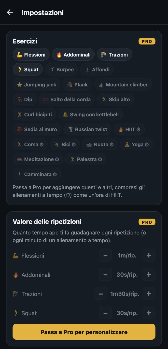 Impostazioni di HonorFit nella versione gratuita: i quattro esercizi di base, suggerimenti bloccati come Burpee, Affondi e Plank, allenamenti a tempo come HIIT, Yoga e Camminata, e il Valore delle ripetizioni bloccato