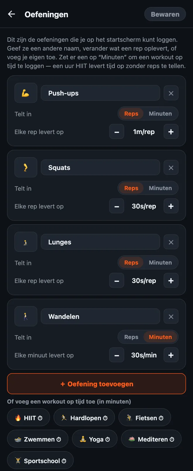 De oefeningeneditor van HonorFit: kaarten voor Push-ups, Squats, Lunges en Wandelen, elk met een naam, een emoji, een schakelaar Reps of Minuten en een waarde per rep of per minuut, met daaronder een knop Oefening toevoegen en suggesties voor workouts op tijd