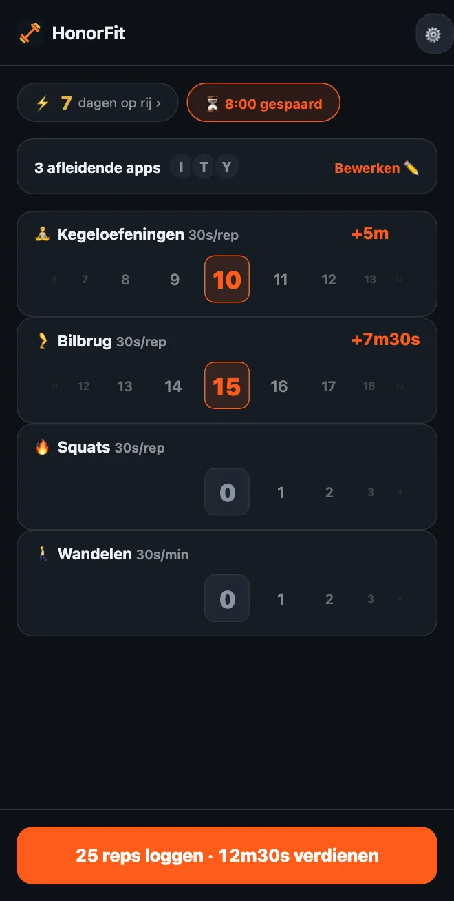 Het startscherm van HonorFit met de wielen Kegeloefeningen op 10 en Bilbrug op 15, en een knop met de tekst 25 reps loggen · 12m30s verdienen