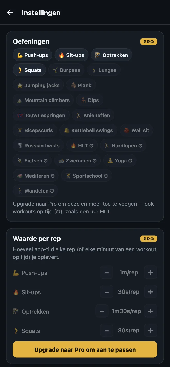 Instellingen van HonorFit in de gratis versie: de vier standaardoefeningen, vergrendelde suggesties zoals Burpees, Lunges, Plank en workouts op tijd zoals HIIT, Yoga en Wandelen, en vergrendelde waarden per rep