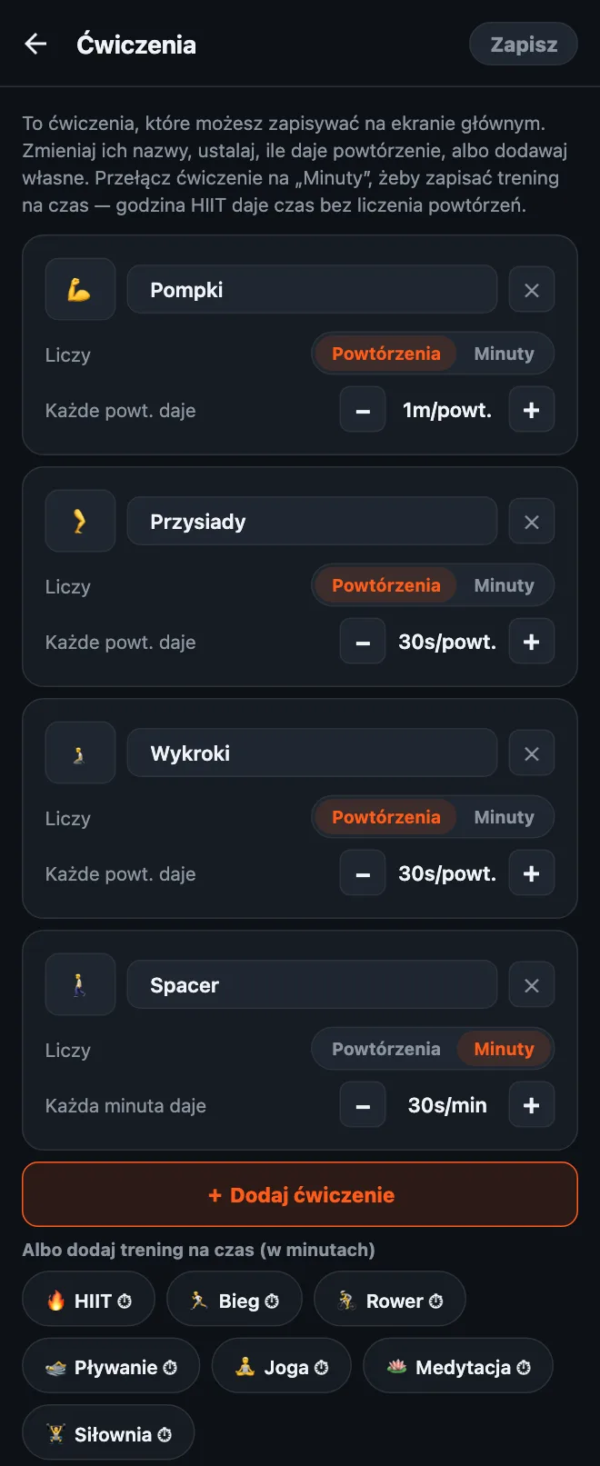 Edytor ćwiczeń HonorFit: karty Pompki, Przysiady, Wykroki i Spacer, każda z nazwą, emoji, przełącznikiem Powtórzenia lub Minuty i wartością za powtórzenie albo za minutę, a pod nimi przycisk ＋ Dodaj ćwiczenie i propozycje treningów na czas