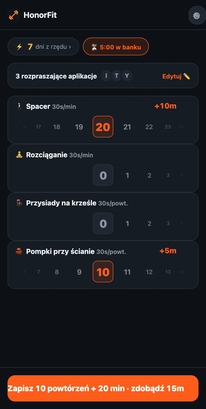 Ekran główny HonorFit z kołami Spacer i Rozciąganie w minutach oraz Przysiady na krześle i Pompki przy ścianie w powtórzeniach; 20-minutowy spacer i 10 pompek przy ścianie dają przycisk Zapisz 10 powtórzeń + 20 min · zdobądź 15m