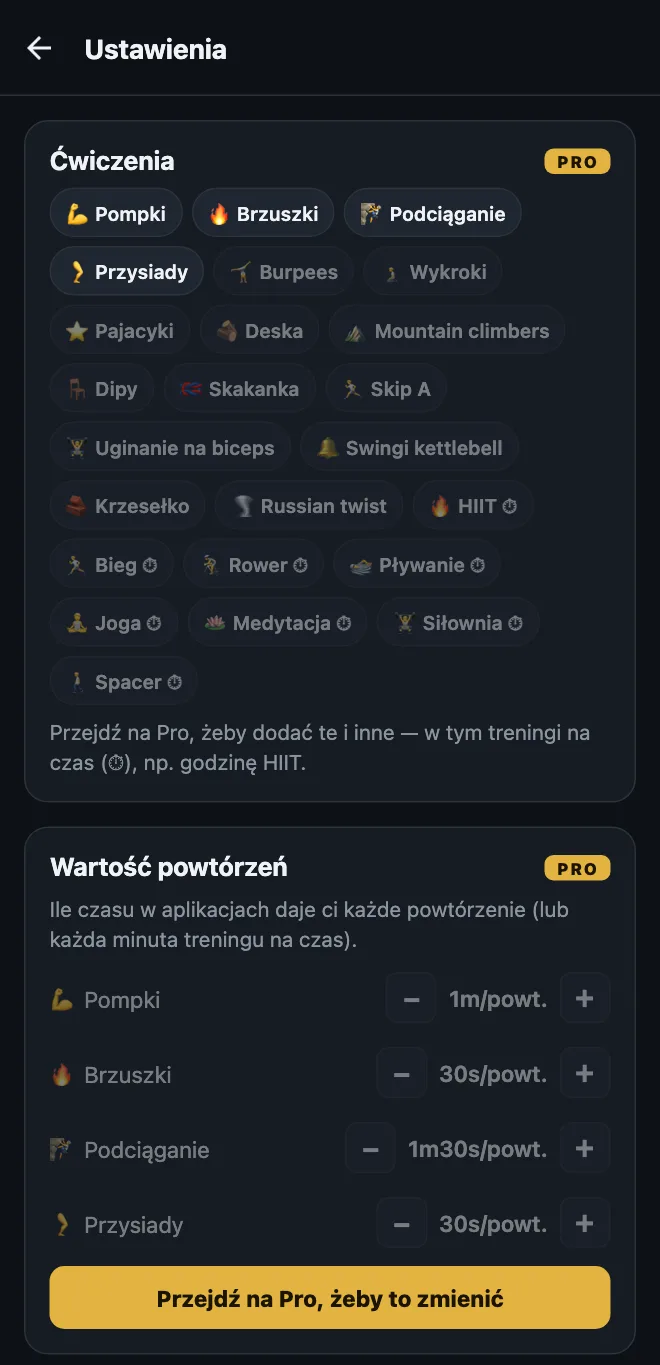 Ustawienia HonorFit w darmowej wersji: cztery wbudowane ćwiczenia, zablokowane propozycje, jak Burpees, Wykroki i Deska, treningi na czas, jak HIIT, Joga i Spacer, oraz zablokowana sekcja Wartość powtórzeń