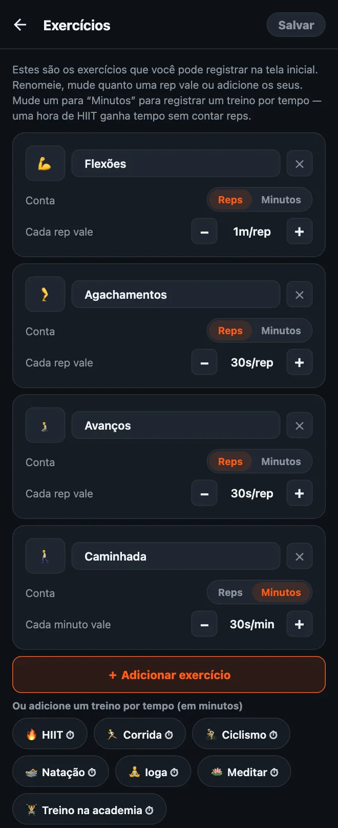 Editor de exercícios do HonorFit: cards de Flexões, Agachamentos, Avanços e Caminhada, cada um com nome, emoji, uma chave Reps ou Minutos e um valor por rep ou por minuto; depois, o botão Adicionar exercício e sugestões de treinos por tempo
