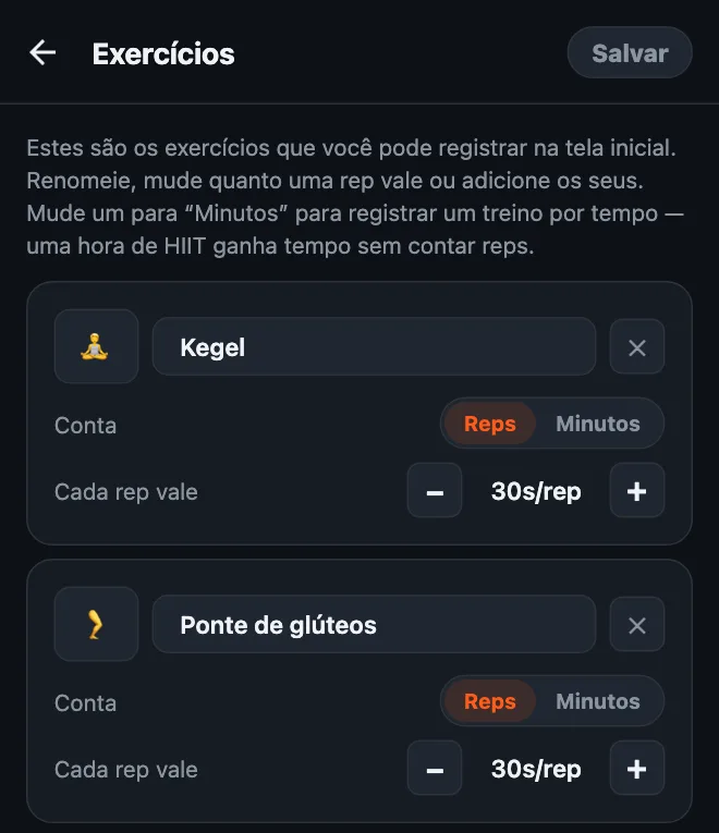 Editor de exercícios do HonorFit com Kegel e Ponte de glúteos adicionados, os dois em Reps e com Cada rep vale 30s