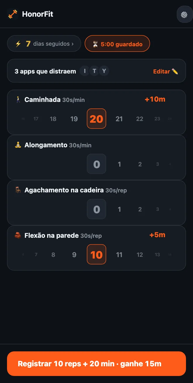 Tela inicial do HonorFit com rodas de Caminhada e Alongamento em minutos e de Agachamento na cadeira e Flexão na parede em reps; uma caminhada de 20 minutos e 10 flexões na parede somam Registrar 10 reps + 20 min · ganhe 15m