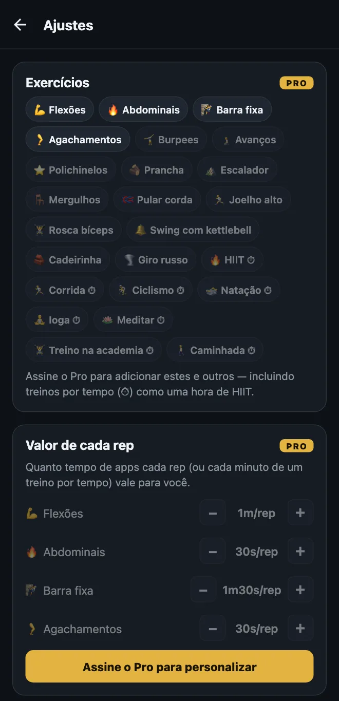 Ajustes do HonorFit na versão grátis: os quatro exercícios padrão, sugestões bloqueadas como Burpees, Avanços e Prancha, treinos por tempo como HIIT, Ioga e Caminhada, e o Valor de cada rep bloqueado