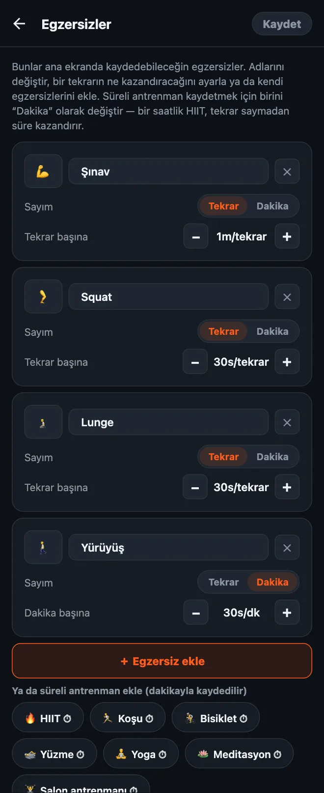 HonorFit egzersiz düzenleyicisi: Şınav, Squat, Lunge ve Yürüyüş kartları; her birinde ad, emoji, Tekrar ya da Dakika seçimi ve tekrar ya da dakika başına değer var; altında ＋ Egzersiz ekle düğmesi ve süreli antrenman önerileri