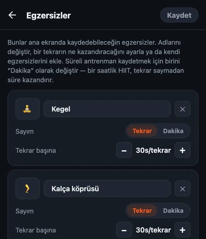 Kegel ve Kalça köprüsü eklenmiş HonorFit egzersiz düzenleyicisi; ikisi de Tekrar olarak ayarlı ve tekrar başına 30 saniye değerinde