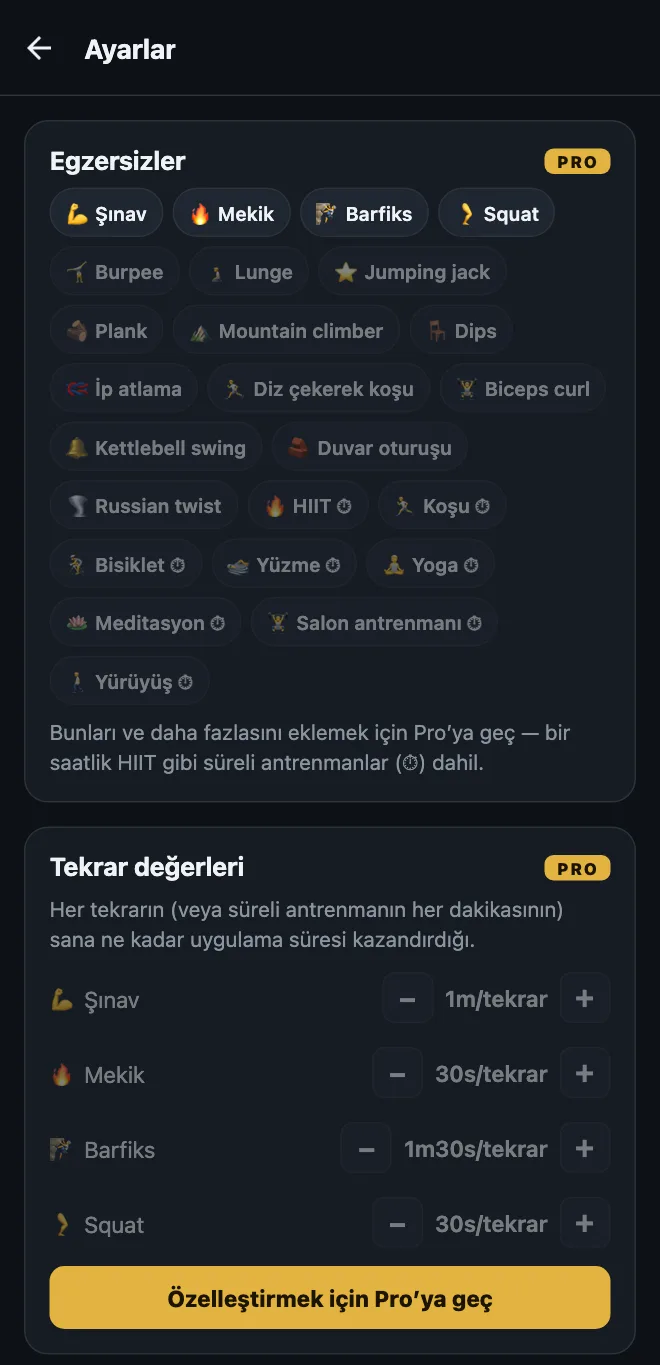 Ücretsiz sürümde HonorFit Ayarlar ekranı: dört hazır egzersiz, Burpee, Lunge ve Plank gibi kilitli öneriler, HIIT, Yoga ve Yürüyüş gibi süreli antrenmanlar ve kilitli Tekrar değerleri