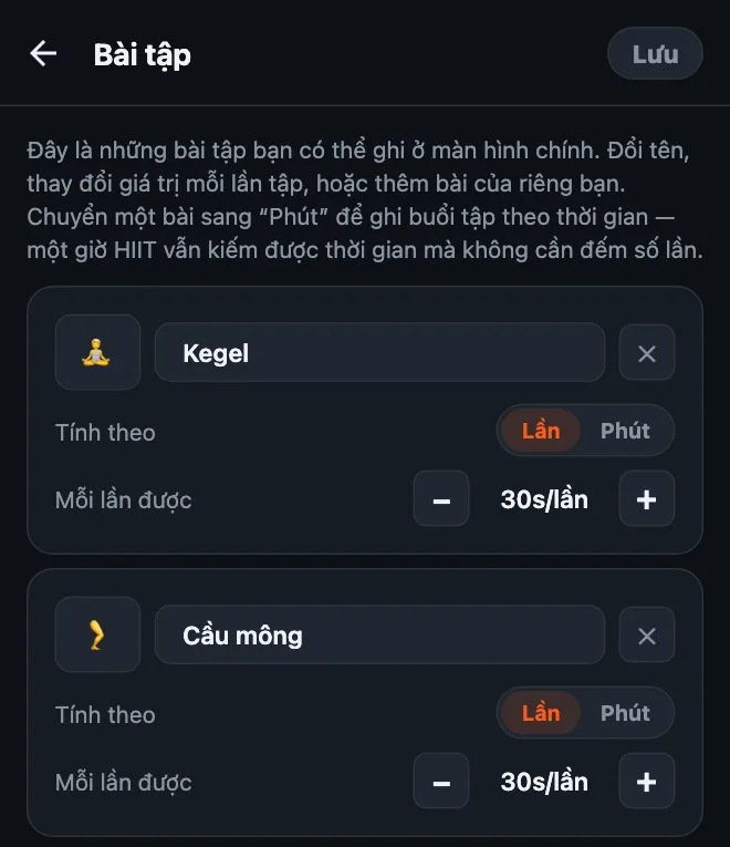 Trình chỉnh sửa bài tập của HonorFit đã thêm Kegel và Cầu mông, cả hai đều tính theo Lần và mỗi lần được 30 giây
