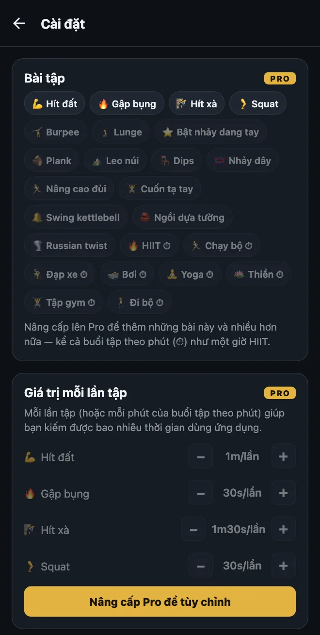 Cài đặt của HonorFit ở bản miễn phí: bốn bài tập có sẵn, các gợi ý bị khóa như Burpee, Lunge, Plank và buổi tập theo phút như HIIT, Yoga, Đi bộ, cùng phần Giá trị mỗi lần tập bị khóa