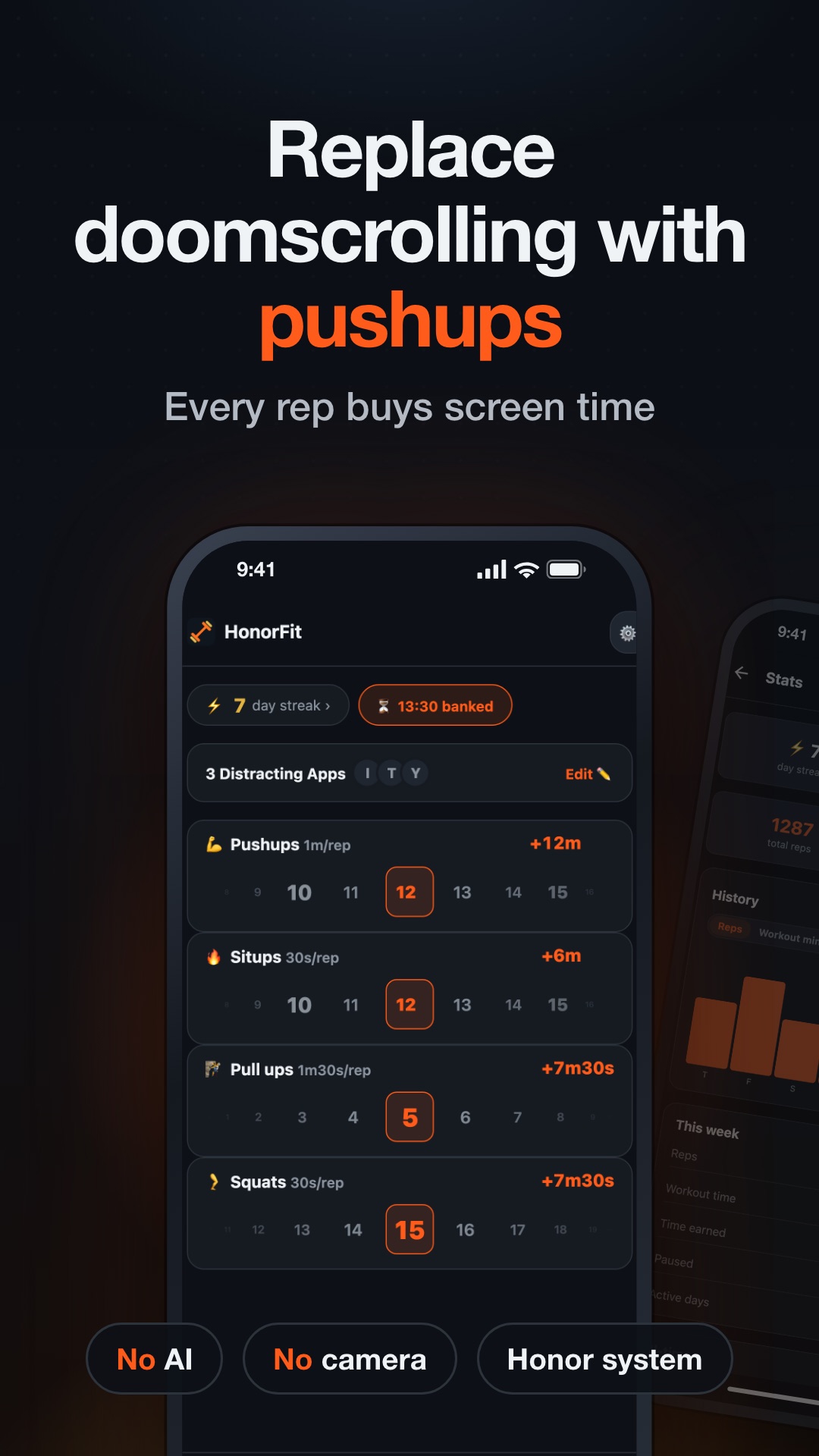 HonorFit's rep wheels for pushups, situps, pull ups and squats, each earning screen time