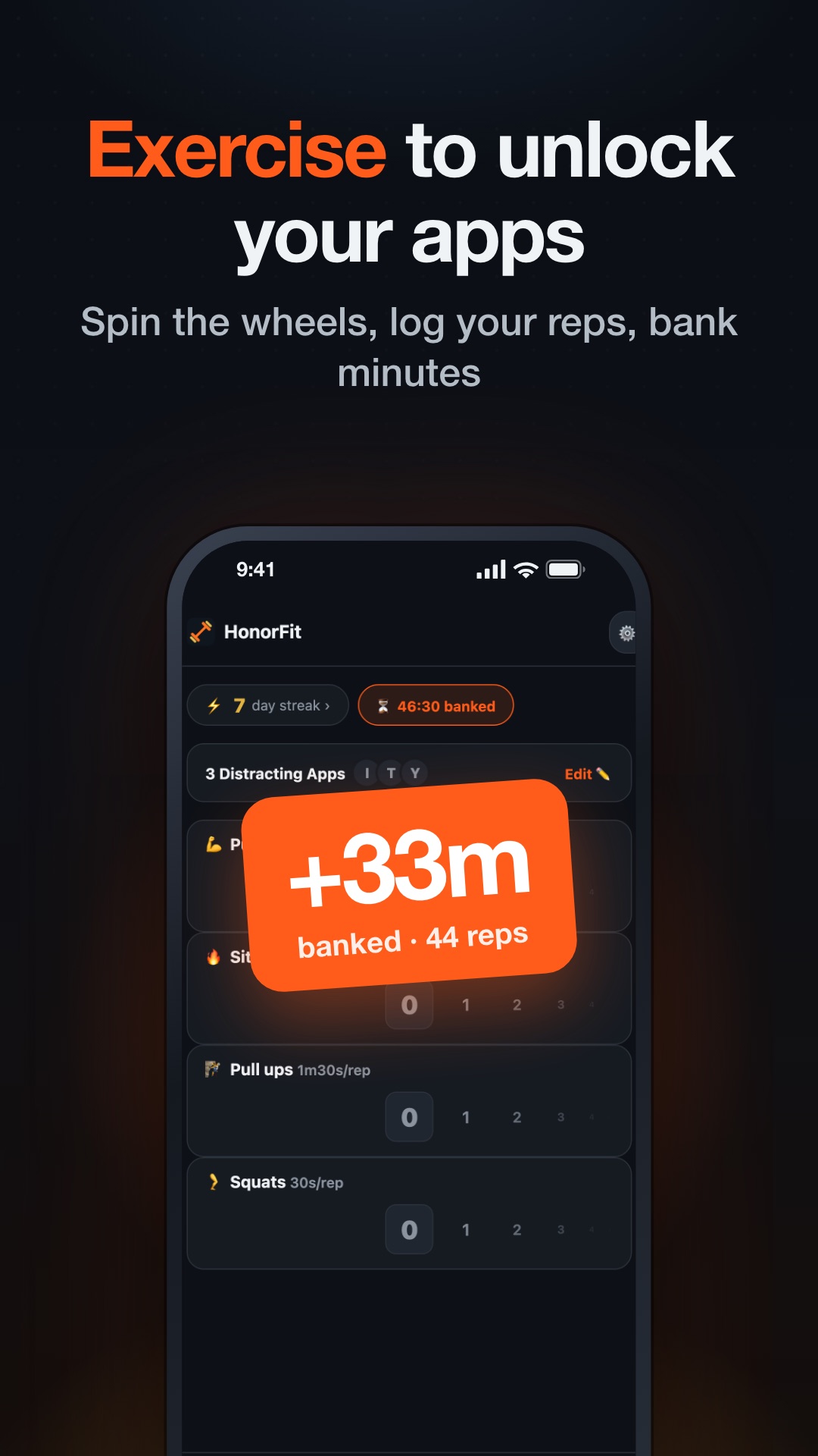 HonorFit showing 44 reps banked as 33 minutes of screen time