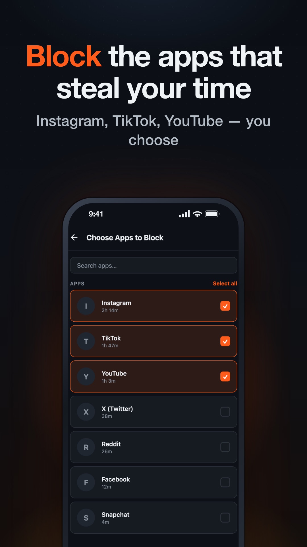 HonorFit's app picker on Android with Instagram, TikTok and YouTube selected
