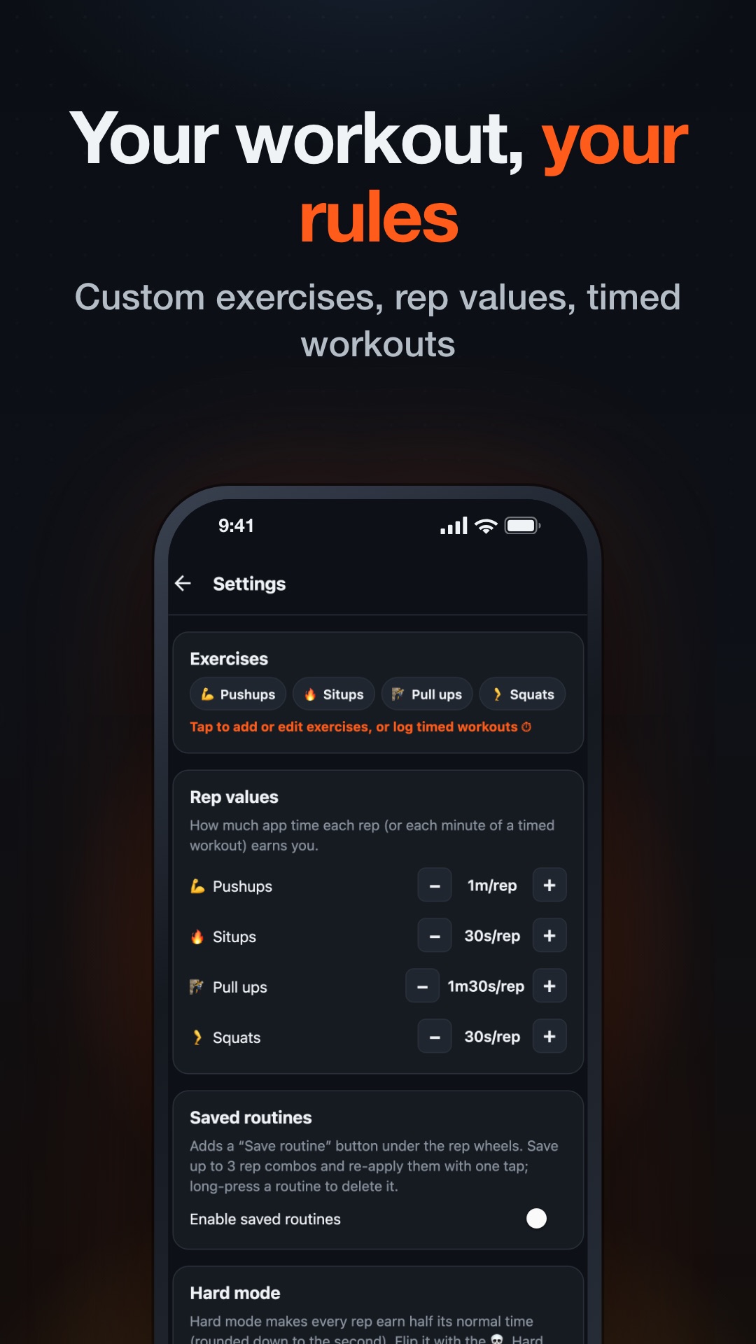 HonorFit Pro exercise settings with custom exercises, rep values and timed workouts